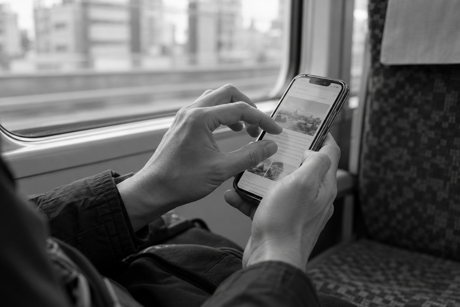 電車の中でスマホの画面を指で広げる手元のイメージ（AI生成画像）