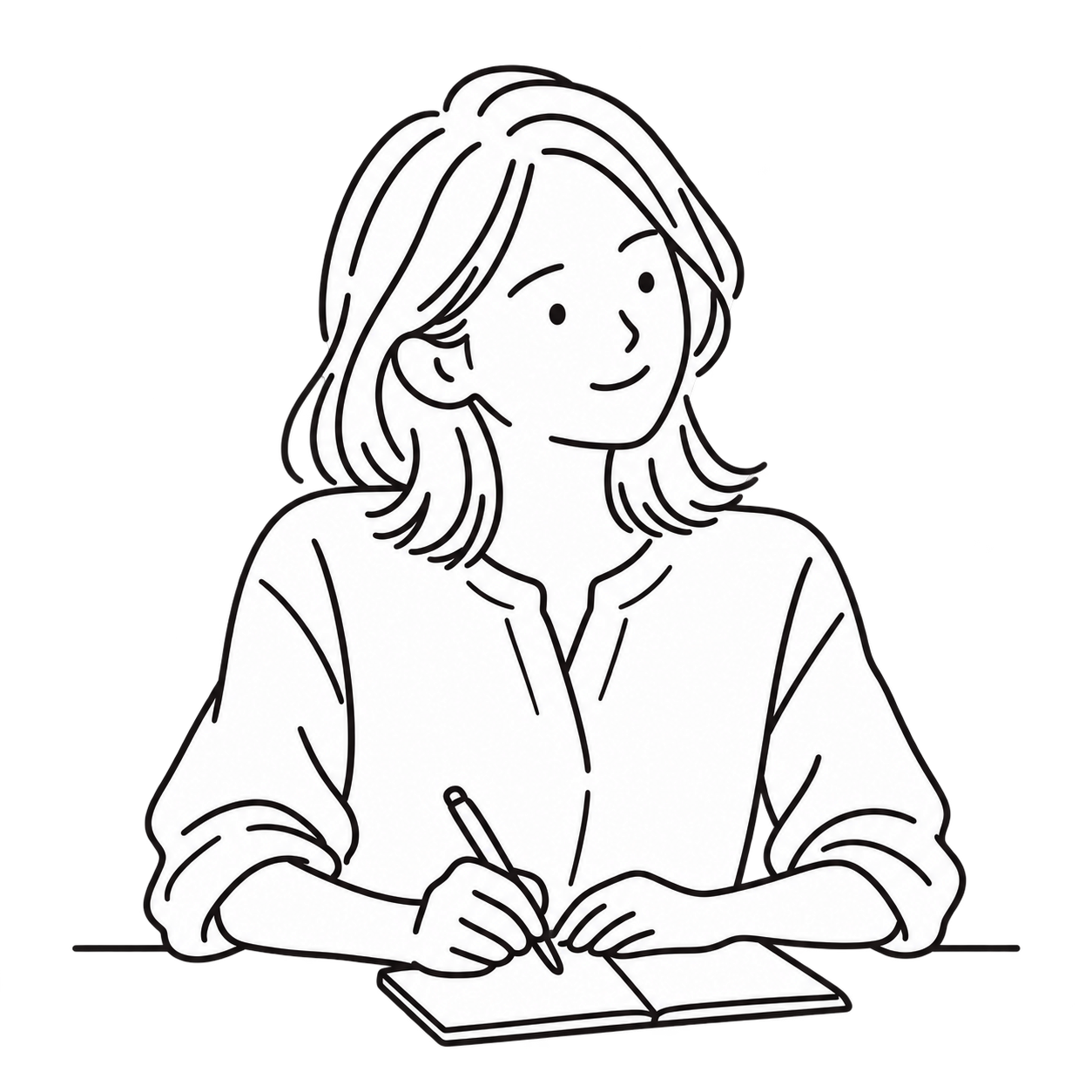ノートを手に、穏やかに話を聞く人物の線画