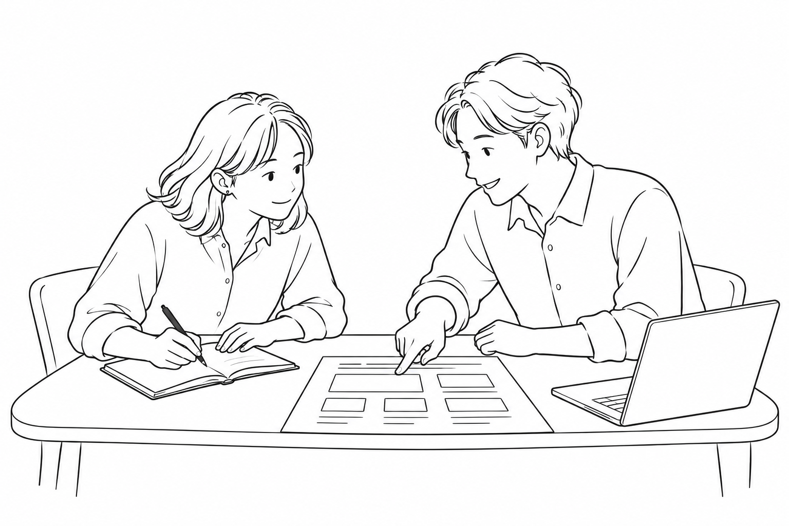 資料を指し示す人と、ノートにメモを取りながら話を聞く人の線画